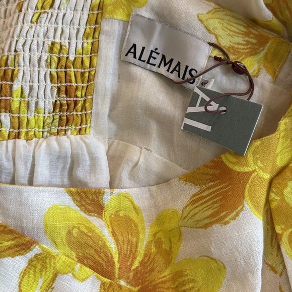 NEW Alemais Sonny Tiered Linen Midi Dress Size 6 (US) Lemon Yellow Floral - Picture 7 of 8
